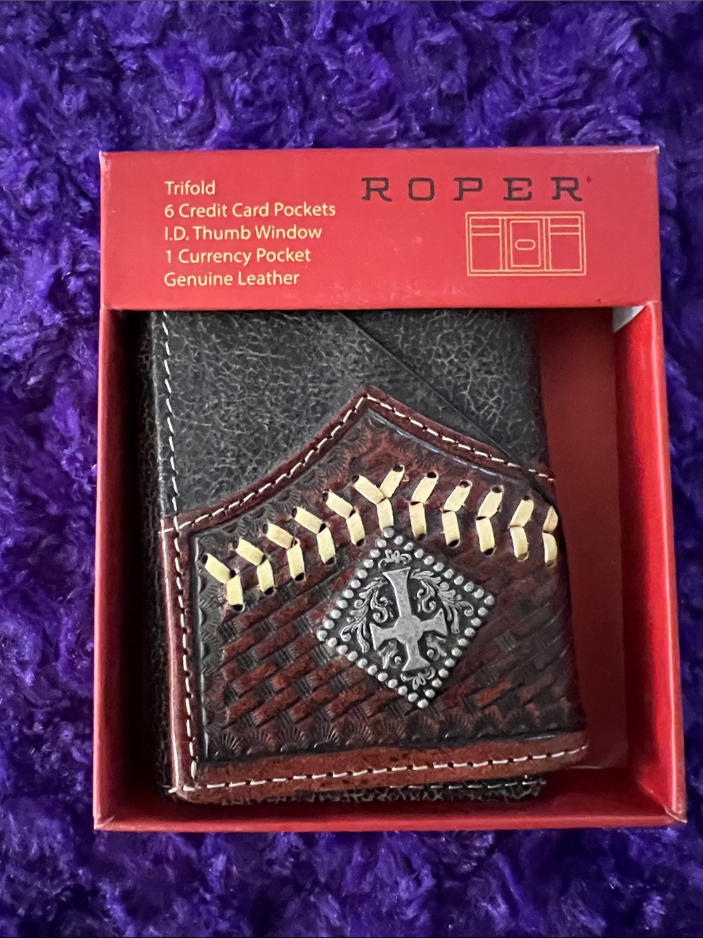 Roper Brown and Gold Men’s Trifold Leather Wallet